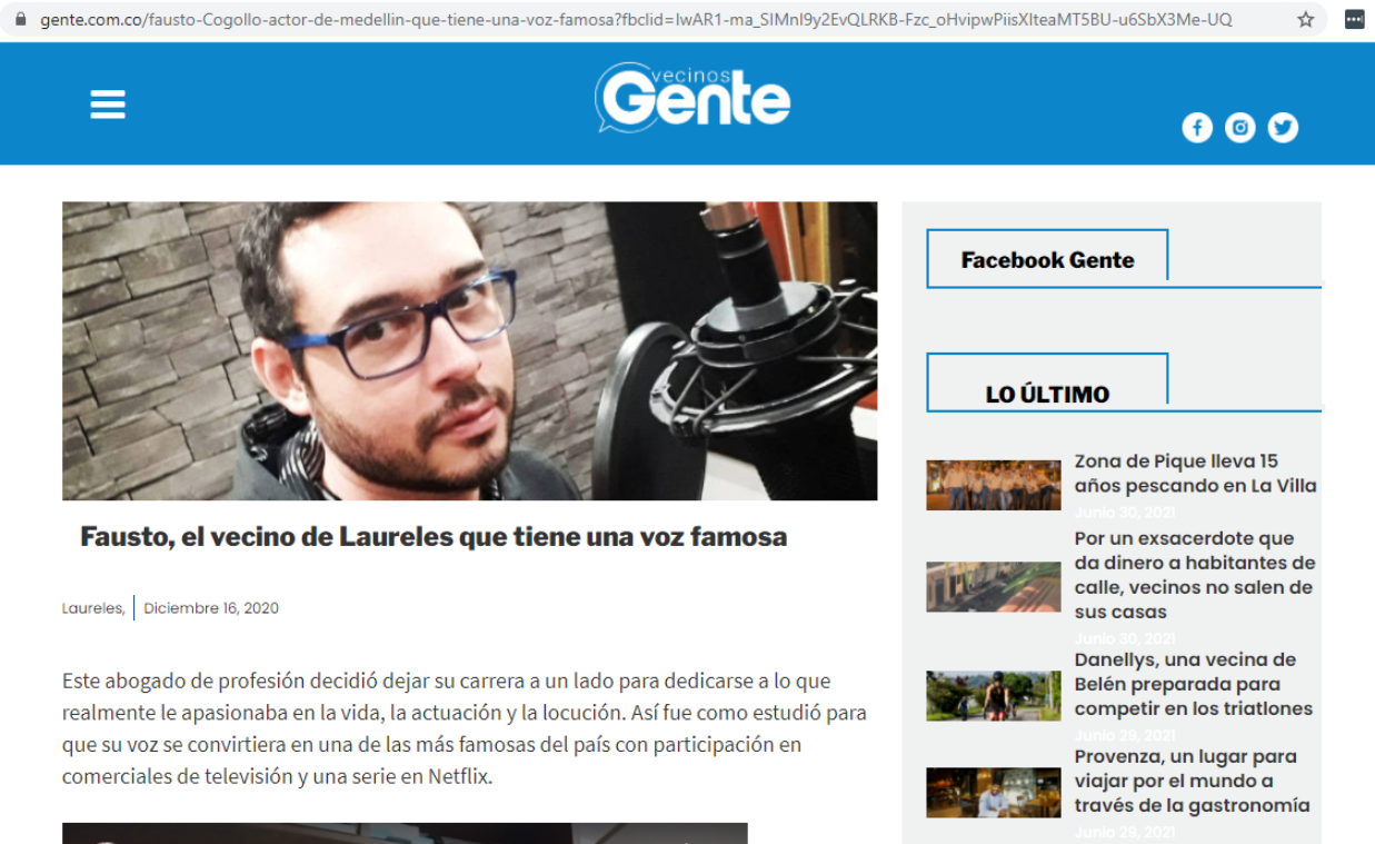 Entrevista, Fausto Cogollo, actor, voiceover, comediante